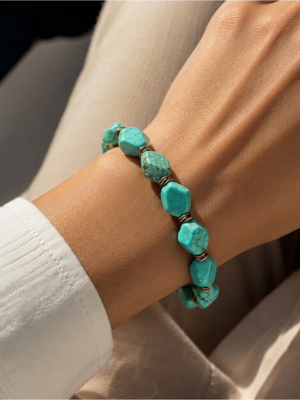 Genuine Natural Turquoise Gemstone Stretch Bracelet Chunky Boho Southwestern